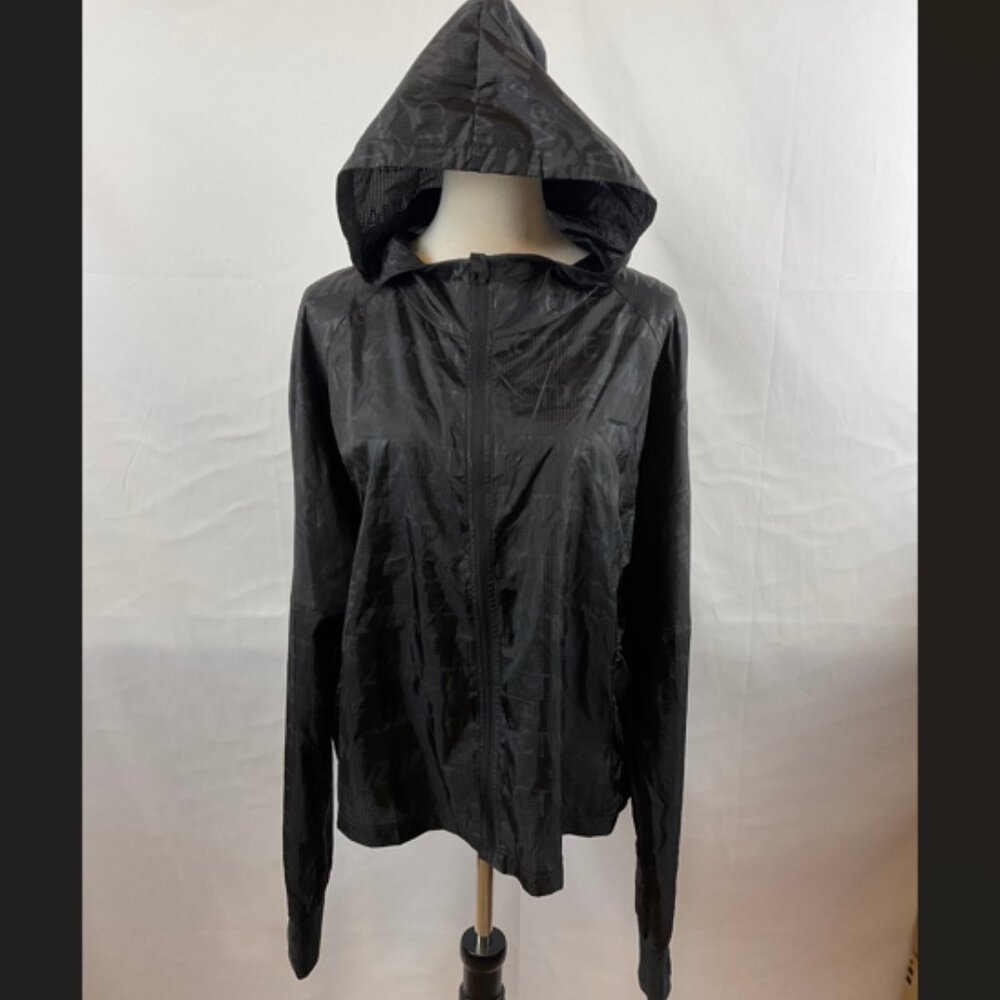 Zyia Active Slicker Jacket XXL Black Hood Long Sleeve Cinch Zipper Pocket
